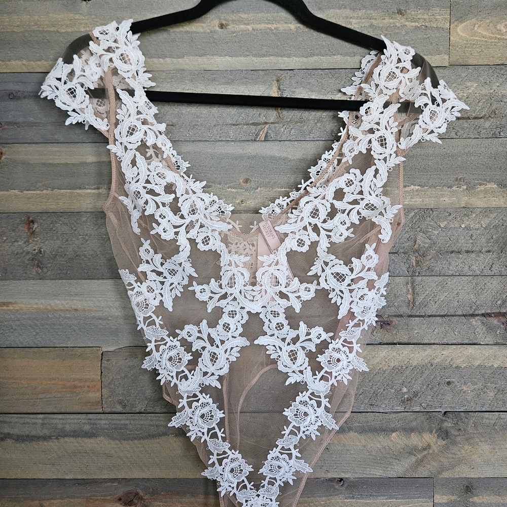 Victoria's Secret Pink Sheer Lace Bodysuit with White Floral Trim